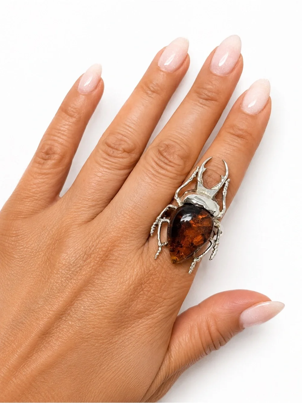Silver Beetle Ring with Amber Stone - Brown